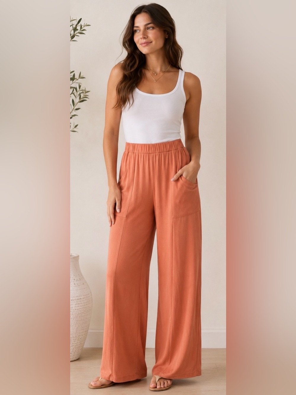 Mystree NWT Wide Leg Modal Blend Palazzo Pants Peach Elastic Waist Large